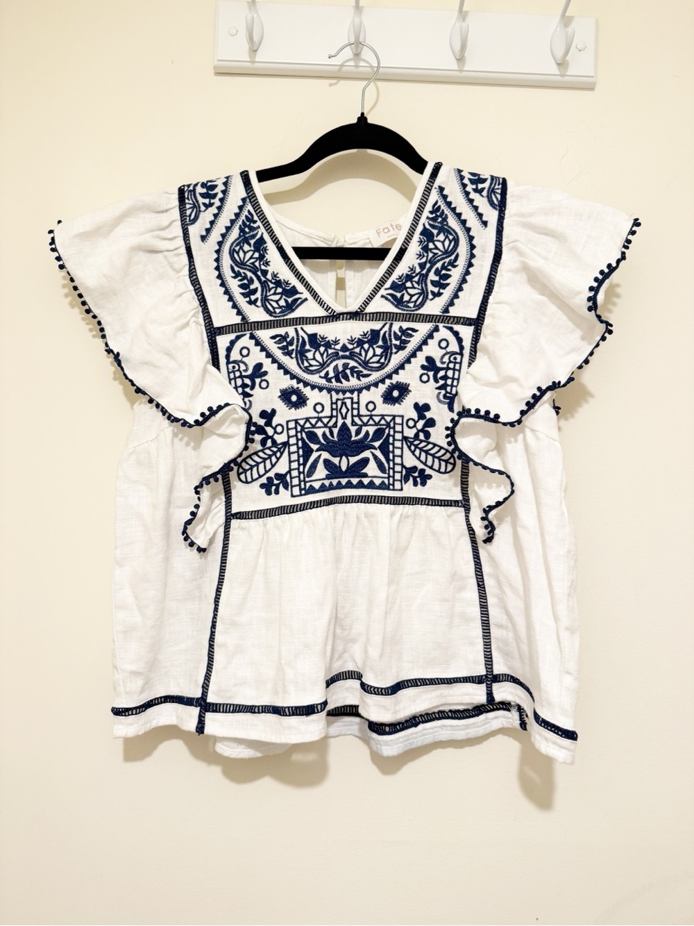 Fate White Peasant Tunic with Navy Embroidery